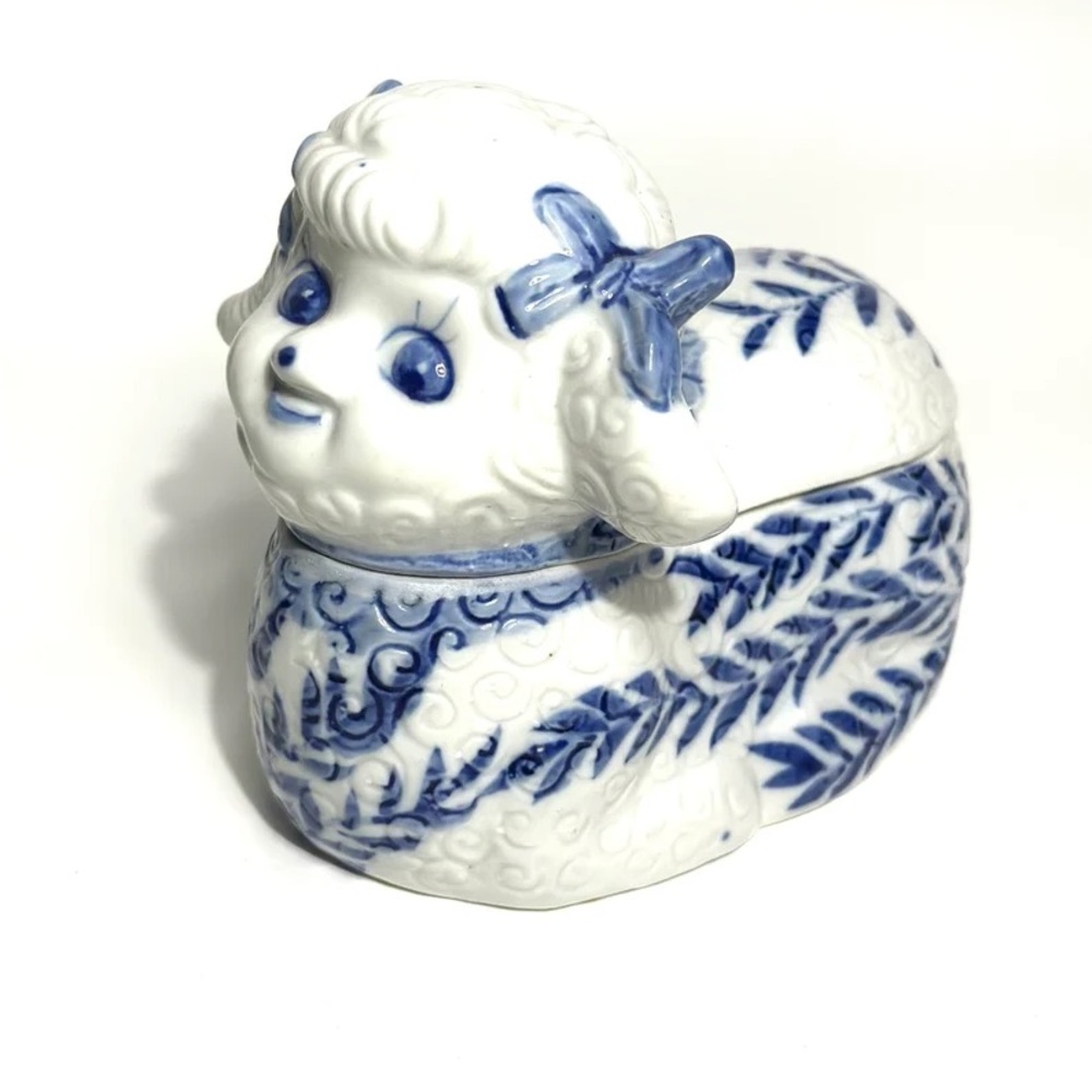 Vintage Trinket Holder, Ceramic, Delft, Hand Painted, Kitsch Lamb